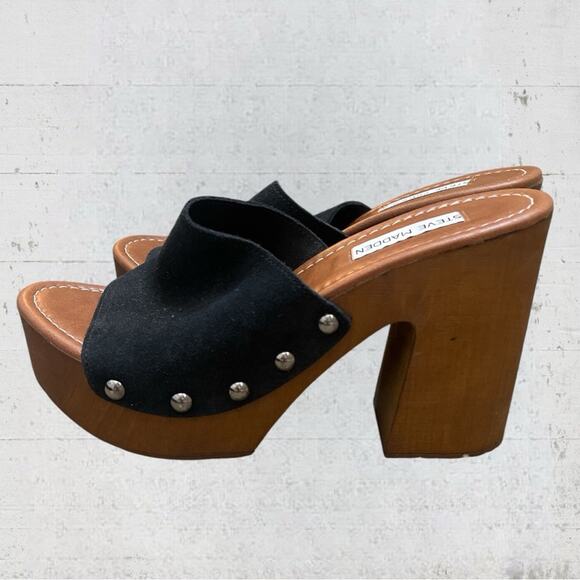 Steve Madden Platform Mule Black Suede Wooden Chunky Sandal Size 9 Retro Boho - Picture 8 of 11